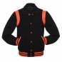 Black Wool Real Leather Arms, Orange Letterman Varsity Hoodie Jacket