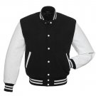 Black Wool Varsity Letterman Jacket with White Stripes