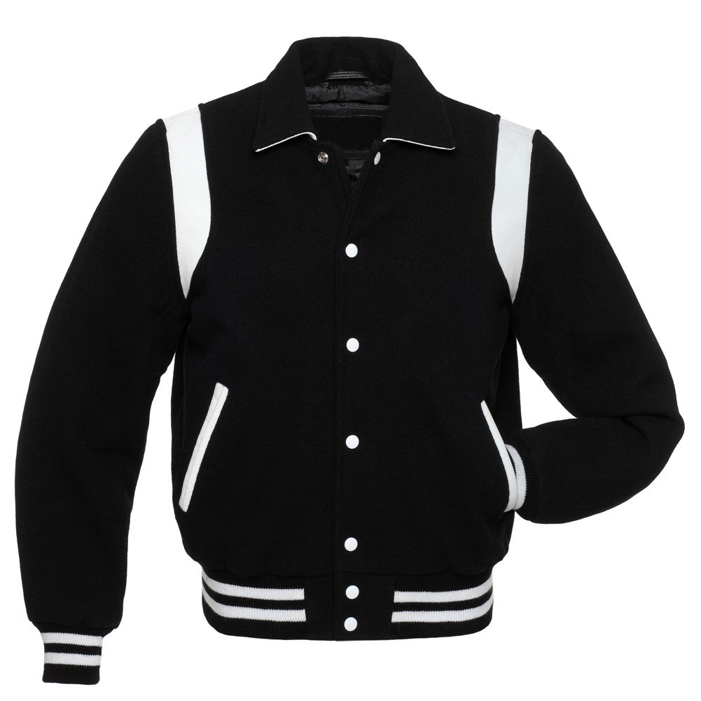 Taichi Black Wool Varsity Letterman Jacket with White Stripes