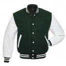 Green Wool Real White Leather Arms,Letterman Varsity Hoodie Jackets