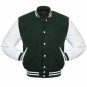 Letterman Varsity Jacket, Green Wool,White Real Leather Sleeves