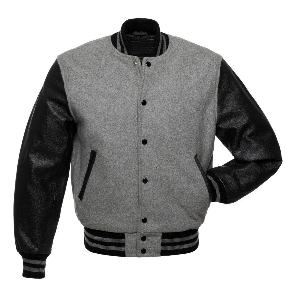 Grey Wool Black Leather Arms Varsity Letterman Jacket with Grey Stripes