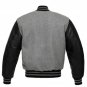 Grey Wool Black Leather Arms Varsity Letterman Jacket with Grey Stripes