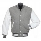 Grey Wool White Leather Arms Varsity Letterman Jacket with Grey Stripes