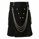 38 Size 100% Cotton Black Fashion Deluxe Utility Wedding Kilt with Chrome Chains