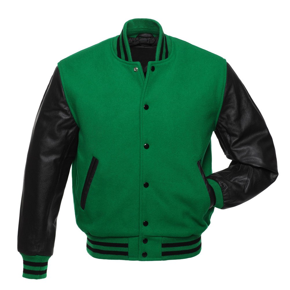 Kelly Green Letterman Varsity Jacket, Grey Wool,Black Real Leather Sleeves