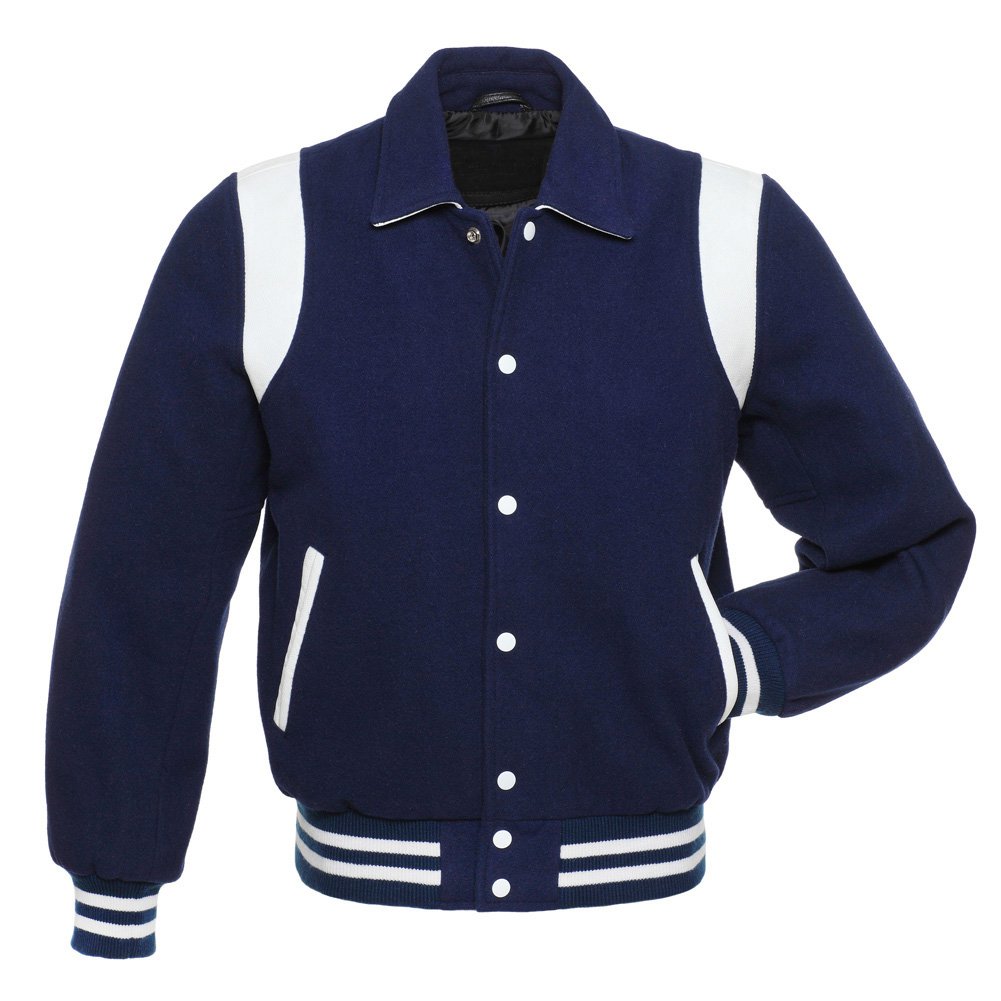 Varsity Letterman Baseball Jacket Navy Blue Wool Sleeves