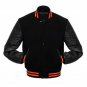 Black Wool & Leather Arms Varsity Letterman Baseball Jacket Navy Blue Wool Sleeves