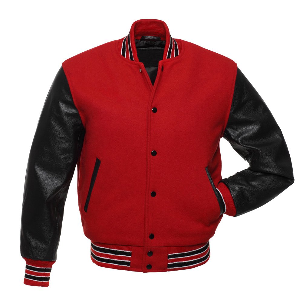 Red Wool & Black Leather Arms Varsity Letterman Baseball Jacket Navy Blue Wool Sleeves