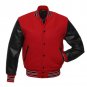 Red Wool & Black Leather Arms Varsity Letterman Baseball Jacket Navy Blue Wool Sleeves