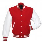 Red Wool , White Real Leather Arms,Letterman Varsity Hoodie Jacket