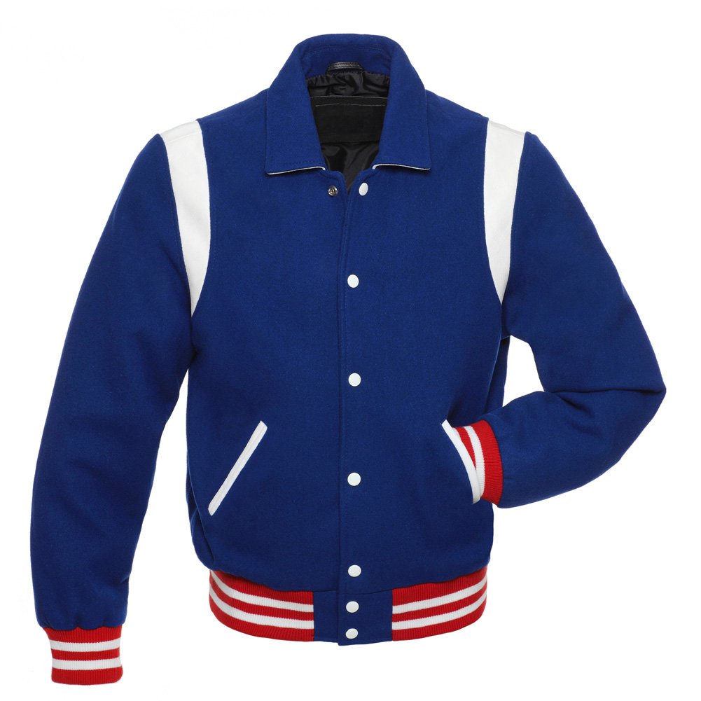 Royal Blue Wool Body Red Stripes Blue Arms-Letterman-College-Varsity-Jacket