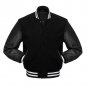 Black Wool Black Leather Arms, Red Stripes Letterman Varsity Hoodie Jacket