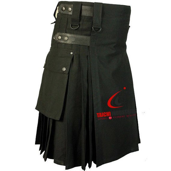 48 Size Active Men Black Leather Strap Utility Kilt