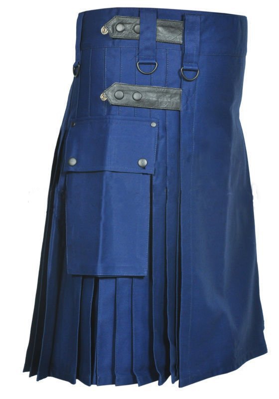 32 Size Navy Blue Handmade Leather Straps Cotton Utility Kilt