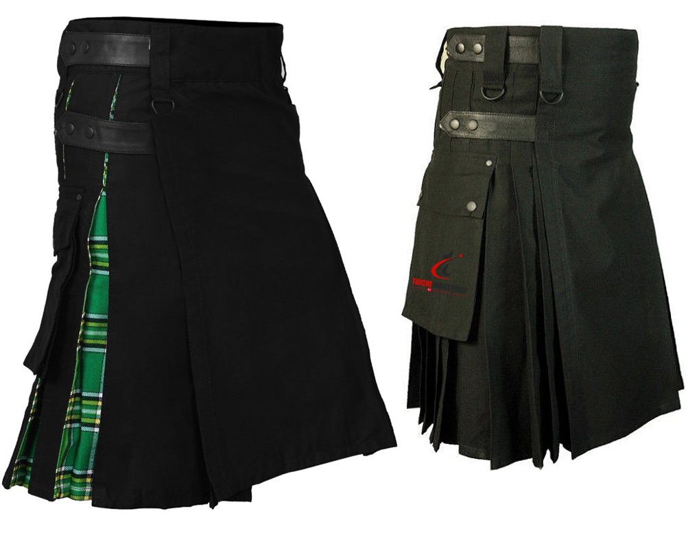 Black & Green Hybrid Utility Kilt for Men, Plus Black Leather Straps