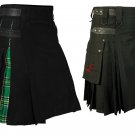 Black & Green Hybrid Utility Kilt for Men, Plus Black Leather Straps Kilt (2 in 1) 34 Size