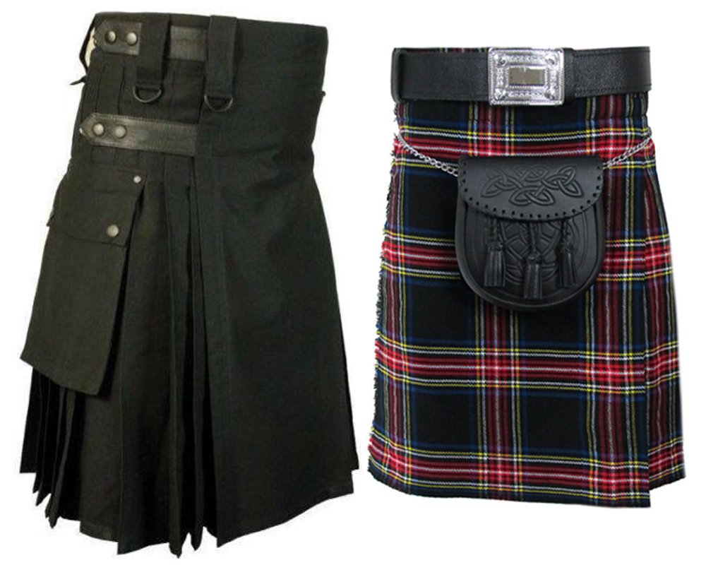 32 Size Black Cotton Leather Straps Kilts, AND Black Stewart Tartan Kilts for Men (2 in 1) Deal
