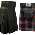 32 Size Black Cotton Leather Straps Kilts, AND Black Stewart Tartan Kilts for Men (2 in 1) Deal