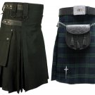 32 Size Black Watch Tartan Kilts for Men AND Black Cotton Leather Straps Kilts, (2 in 1) Deal