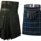 32 Size Blue Douglas Tartan Kilt for Men AND Men's Black Cotton Utility Kilts, (2 in 1) Deal