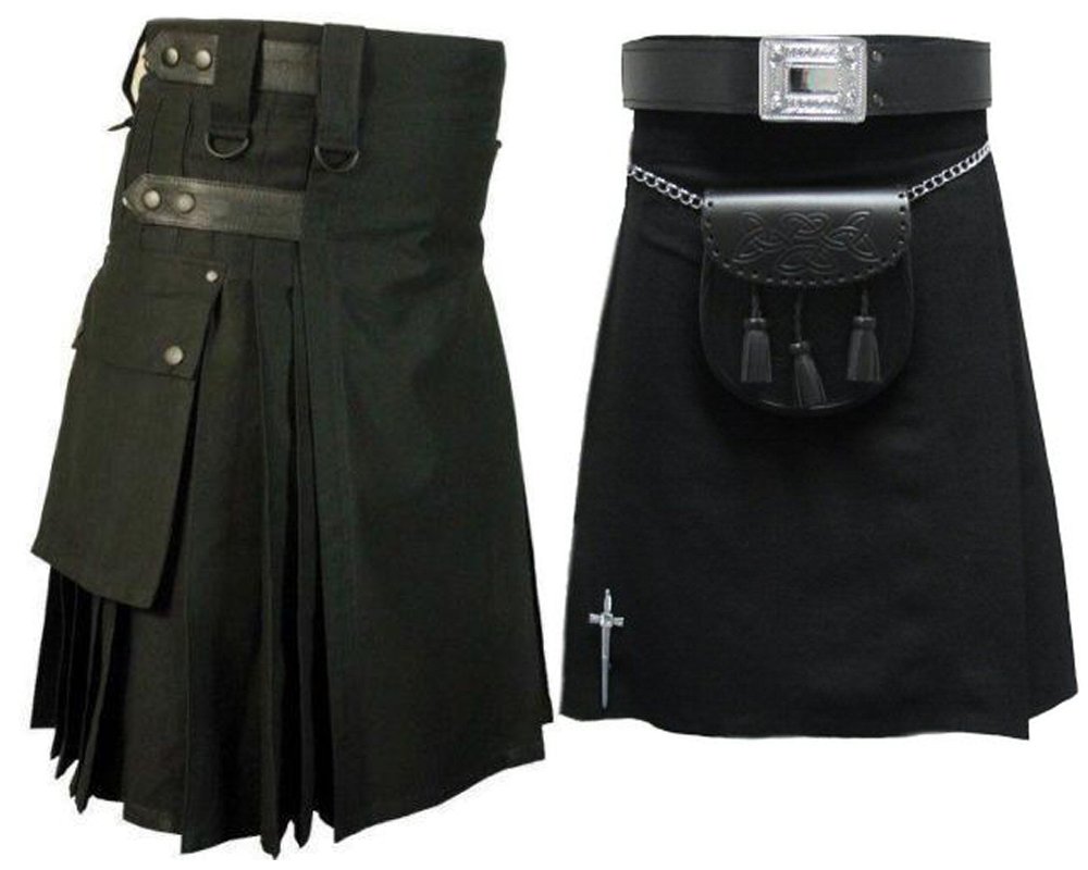 32 Size Plain Black Tartan Kilt for Men & Men's Black Cotton Utility Kilt (Buy 1 Get 1 FREE)