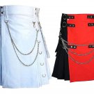32 Size Men's White Chrome Chains Utility Kilt, Black & Red Hybrid Utility Kilt For Men