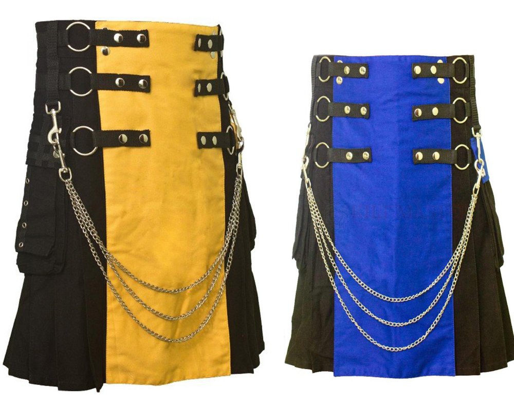 36 Size Men's Yellow & Black Chrome Chains Utility Kilts, Black & Blue Hybrid Utility Kilt
