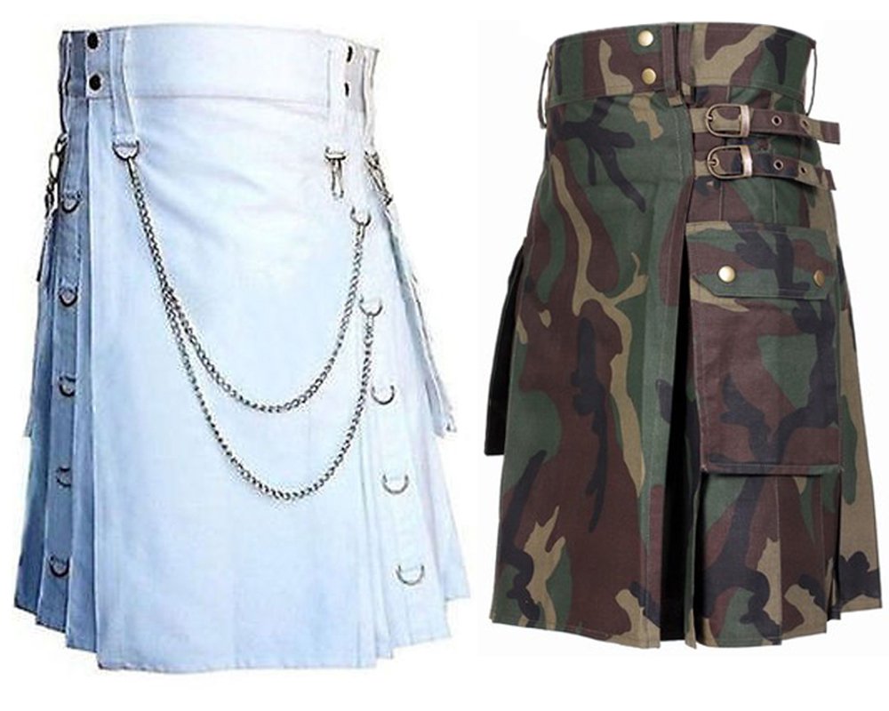 36 Size US Army Camo Tactical Kilts, White Chrome Chains Utility Kilts