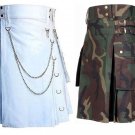 36 Size US Army Camo Tactical Kilts, White Chrome Chains Utility Kilts