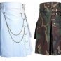 36 Size US Army Camo Tactical Kilts, White Chrome Chains Utility Kilts