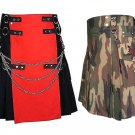 38 Size Jungle Camo Tactical Duty Kilts, Red & Black Chrome Chains Utility Kilts
