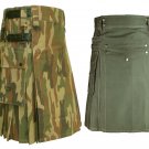 32 Size Jungle Camo Tactical Duty Kilts, Olive Green Cotton Utility Kilts For Men