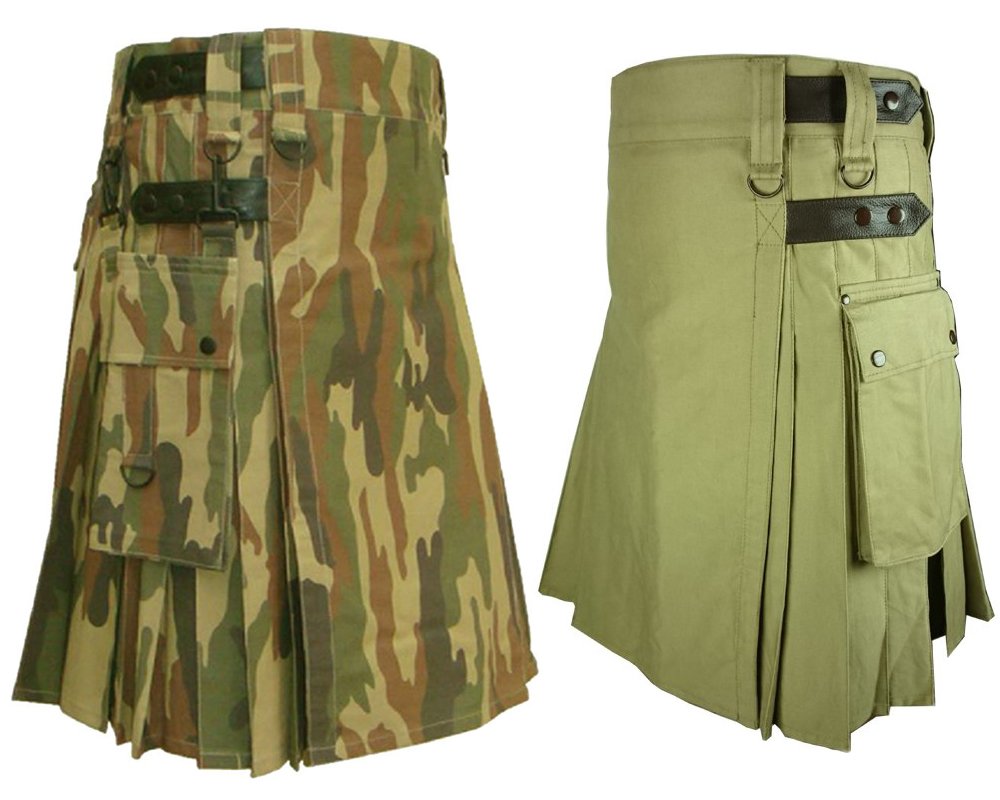 50 Size Khaki Leather Straps Kilts For Men, Jungle Camo Tactical Duty Kilts