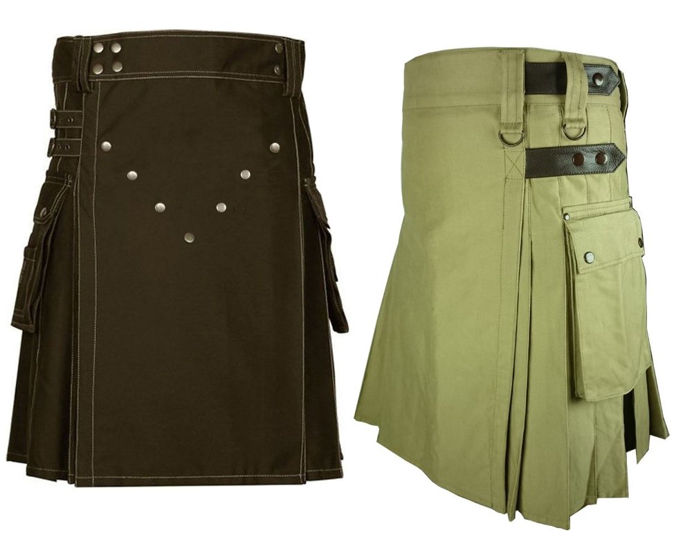 32 Size Men's Khaki Leather Straps Utility Kilts, Chocolate Brown Utility Kilts For Men
