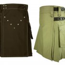34 Size Men's Khaki Leather Straps Utility Kilts, Chocolate Brown Utility Kilts For Men