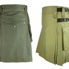 46 Size Men's Khaki Leather Straps Utility Kilts, 5 Buttons Olive Green Utility Kilts For Men