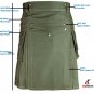 38 Size Men's Khaki Leather Straps Utility Kilts, 5 Buttons Olive Green Utility Kilts For Men