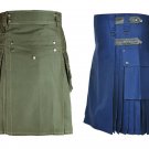 44 Size Leather Straps Royal Blue Utility Kilts For Men, Men's Olive Green Utility Kilts
