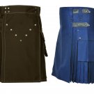 36 Size Leather Straps Royal Blue Utility Kilts For Men, Men's Chocolate Brown Utility Kilts