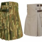 36 Size Jungle Camo Utility Kilts For Men, Men's Leather Straps Khaki Utility Kilts