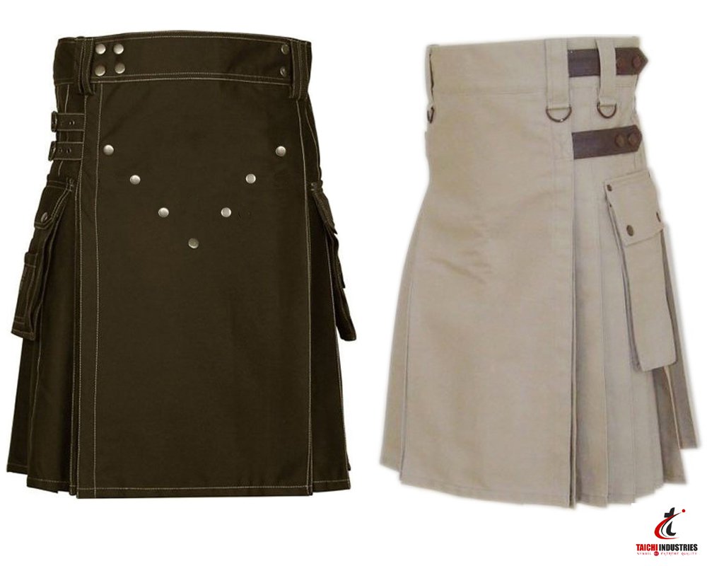 50 Size Khaki Cotton Utility Kilts For Men, Men's Chocolate Brown Utility Kilts