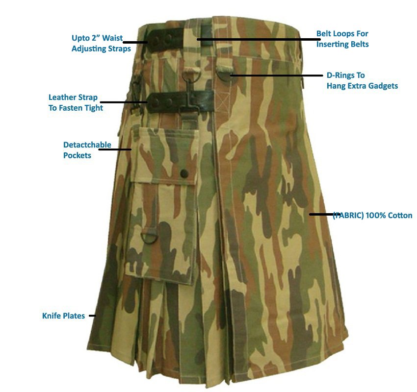 32 Size Army Camo Utility Kilt With Leather Straps