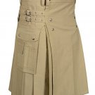 42 Size Handmade Custom Stitched Khaki Cotton Utility Kilt with Cargo Pockets
