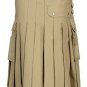 30 Size Handmade Custom Stitched Khaki Cotton Utility Kilt with Cargo Pockets