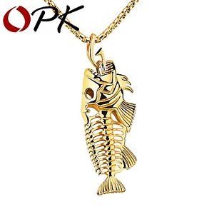 OPK Fish Bone & Fishing Hook Pendant Necklaces Punk Style Men 316L Steel Link...