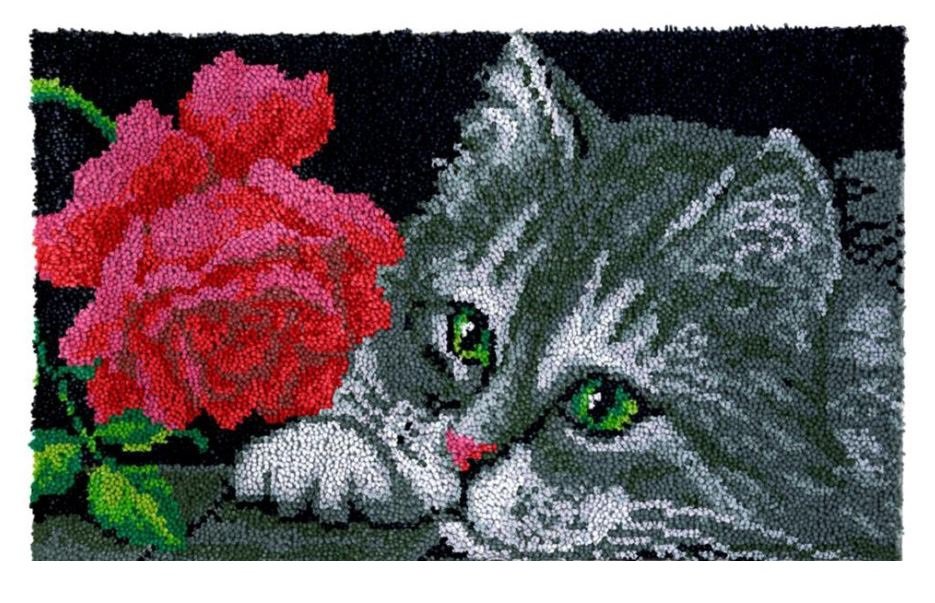 Cat with Rose Rug Latch Hooking Kit (52x38cm printed canvas)