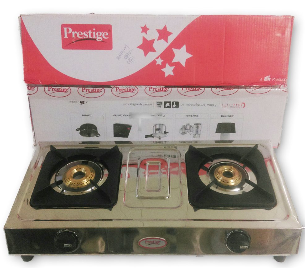 PRESTIGE STAINLESS STEEL 2 (TWO) BRASS BURNERS LPG GAS STOVE COOKTOP SLEEK