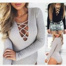 women long sleeve t shirt bodycon jumpsuit cotton bodysuit sexy catsuit v neck fitness costum