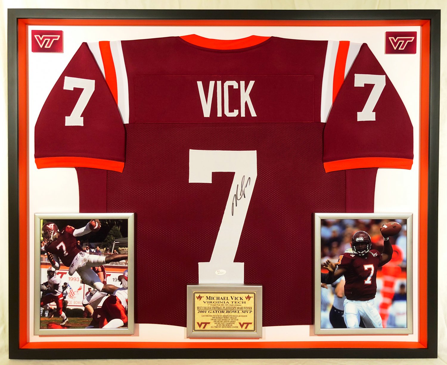 Premium Framed Michael Vick Autographed Virginia Tech Jersey JSA COA - Mike